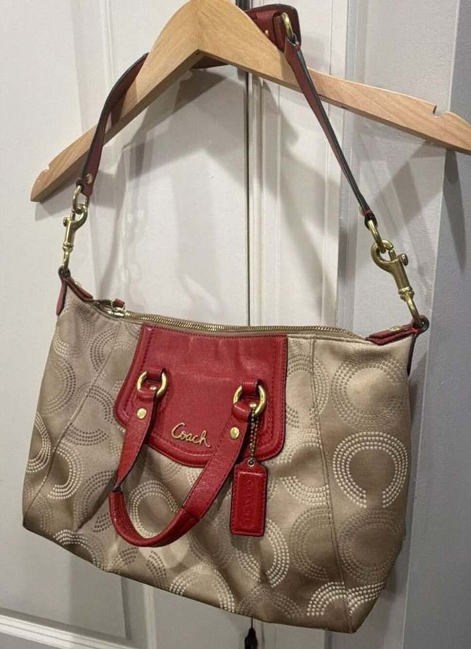 Vintage Coach Signature Poppy Op Art Beige Red Convertible Satchel Bag